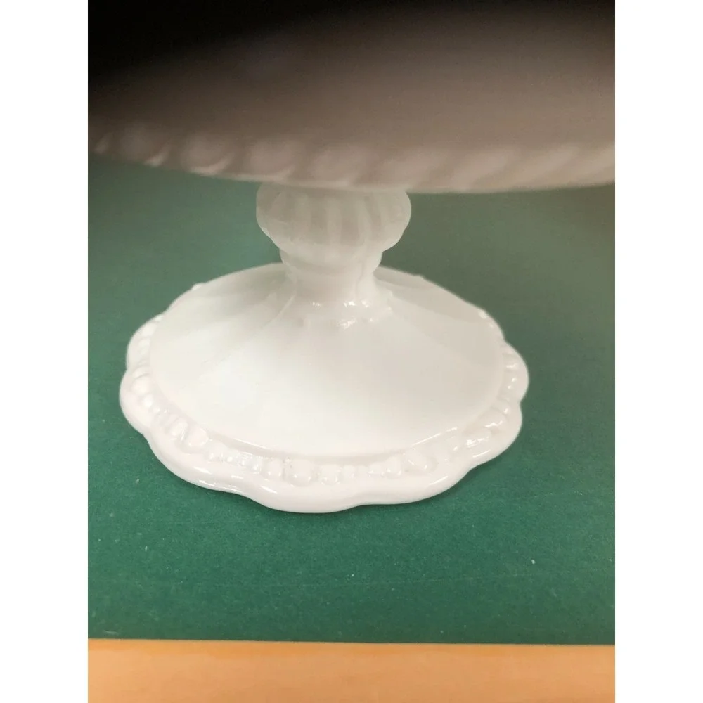 Vintage Milk Glass Pedestal Compote Candy Bowl Scalloped Rim Embossed Floral